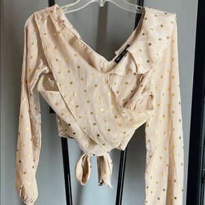 Nasty Gal Blush Pink Wrap Top with Gold Polka Dots